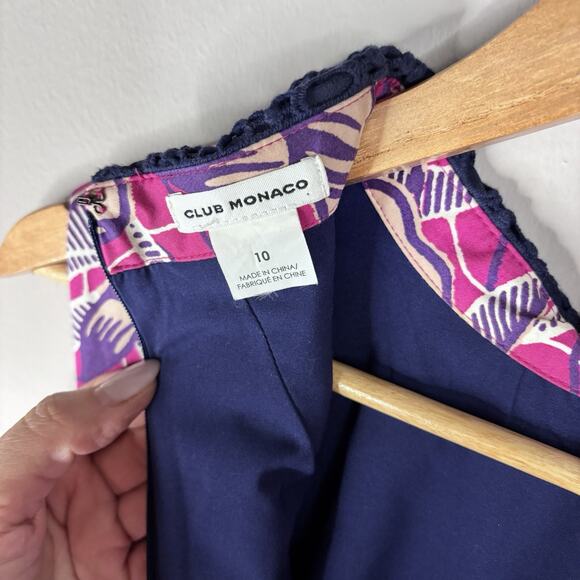 Club Monaco Shift Dress Sz 10 Purple Floral Sleeveless Pockets Crochet Collar - Picture 6 of 10